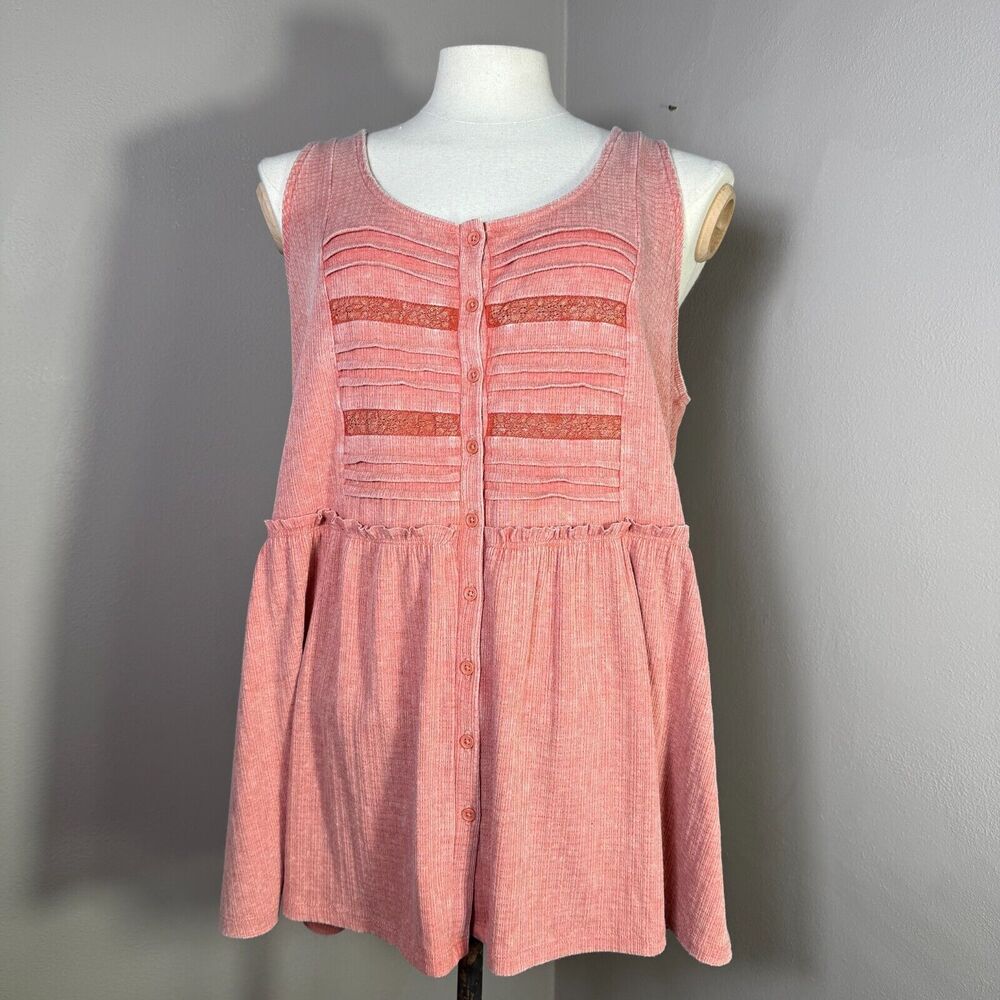 Torrid Womens Plus Sz 1 Coral Pink Lace Pintuck Babydoll Sleeveless Top 40735369